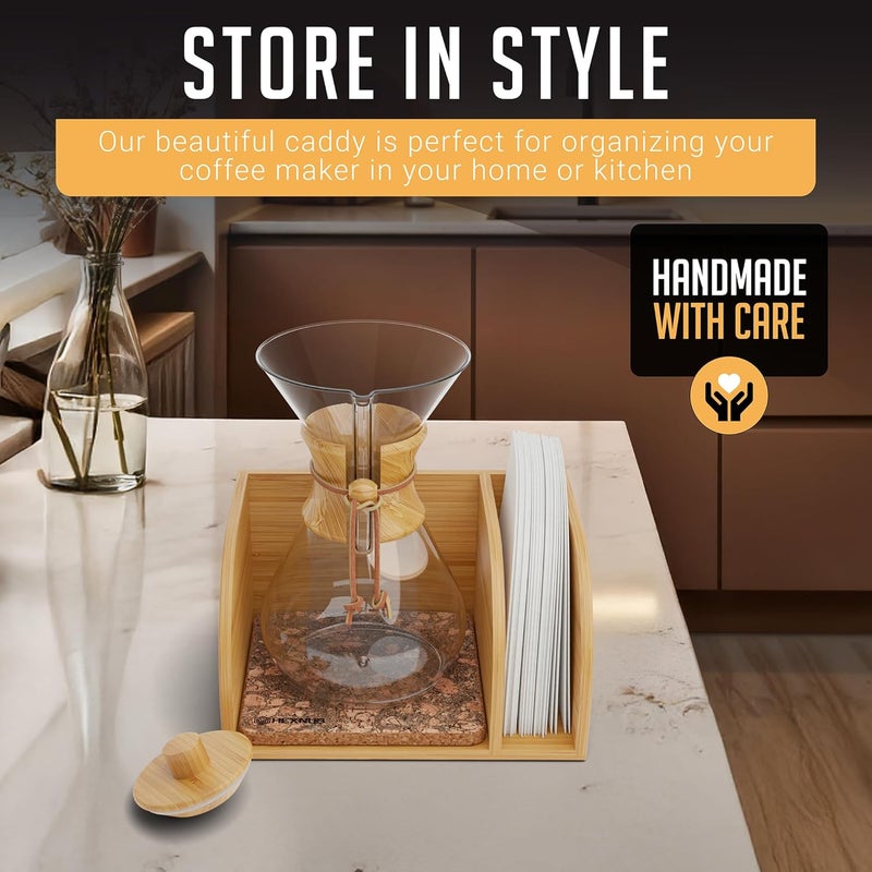 HEXNUB – Caddy and Lid for Pour Over Coffee Maker, Bamboo Stand fits Chemex, Bodum, Cosori Coffee Carafes, Heatproof Mat, Filter Holder for Drip Coffee Maker - Cork Mat - Image 4